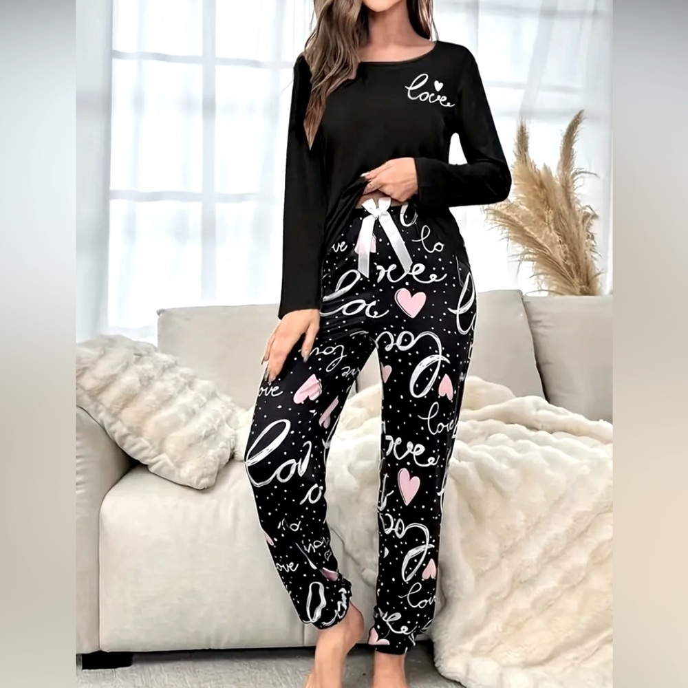 2 pc pj set black, women's medium with design "Love" and hearts design